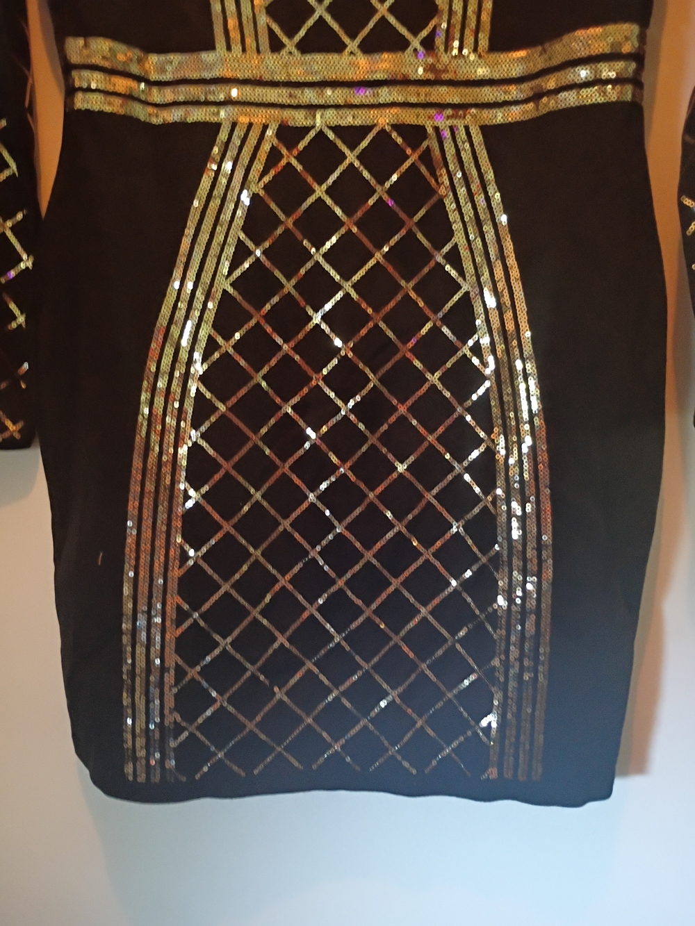 VENUS Black Mini Dress with Gold Sequin Grid Accents - Picture 3 of 8